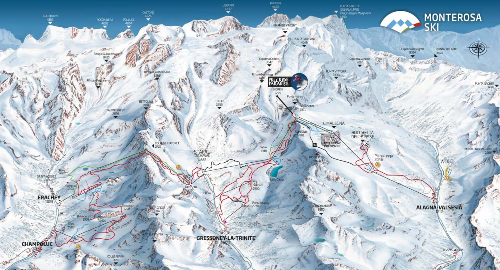 Lo skirama del Monterosa Ski: in verde i percorsi attrezzati di sci alpinismo.