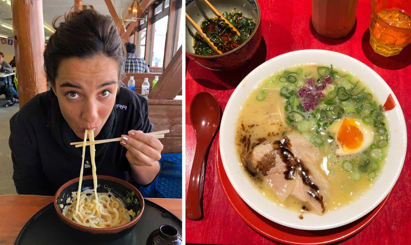 A sinistra Jessica alle prese con un piatto di Udon; a destra, il Ramen
