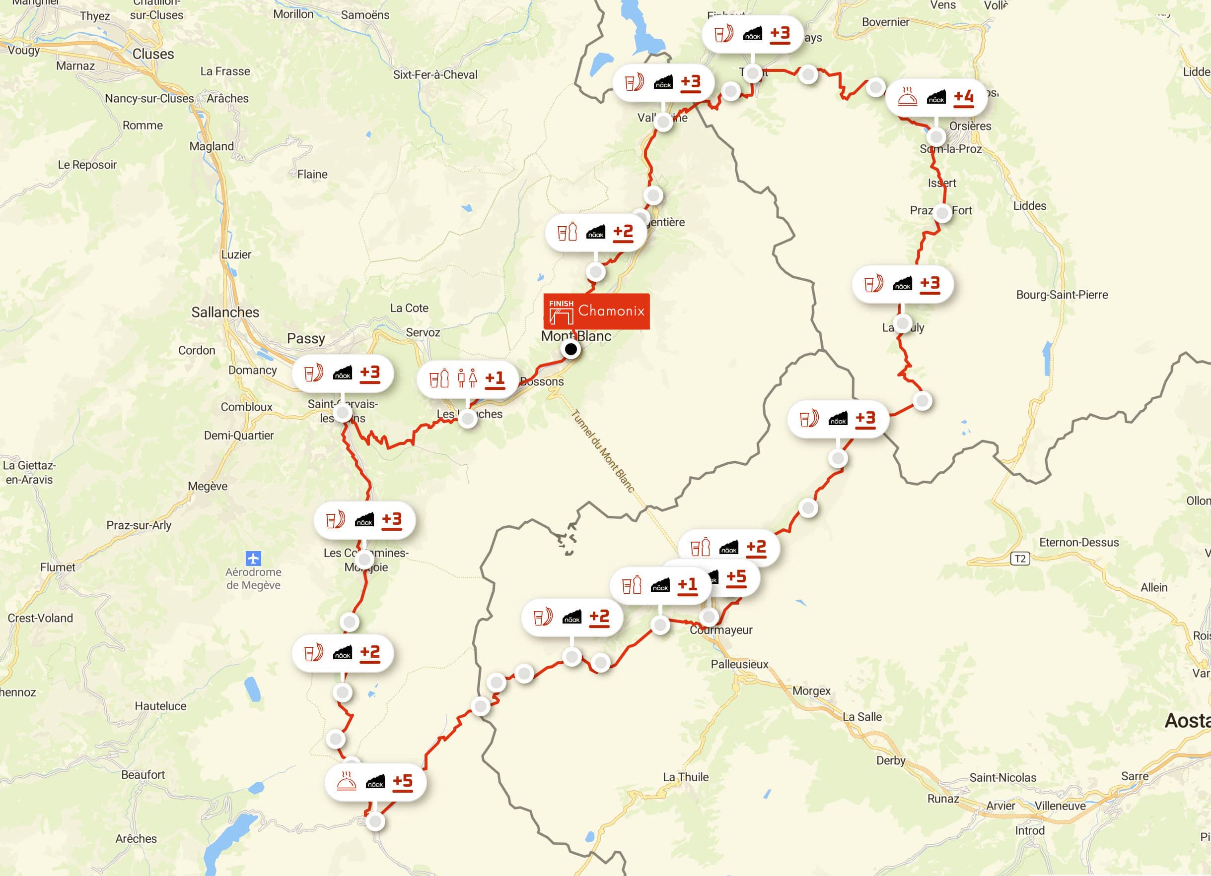 La mappa del percorso dell'UTMB 2023, tra Francia, Italia e Svizzera.