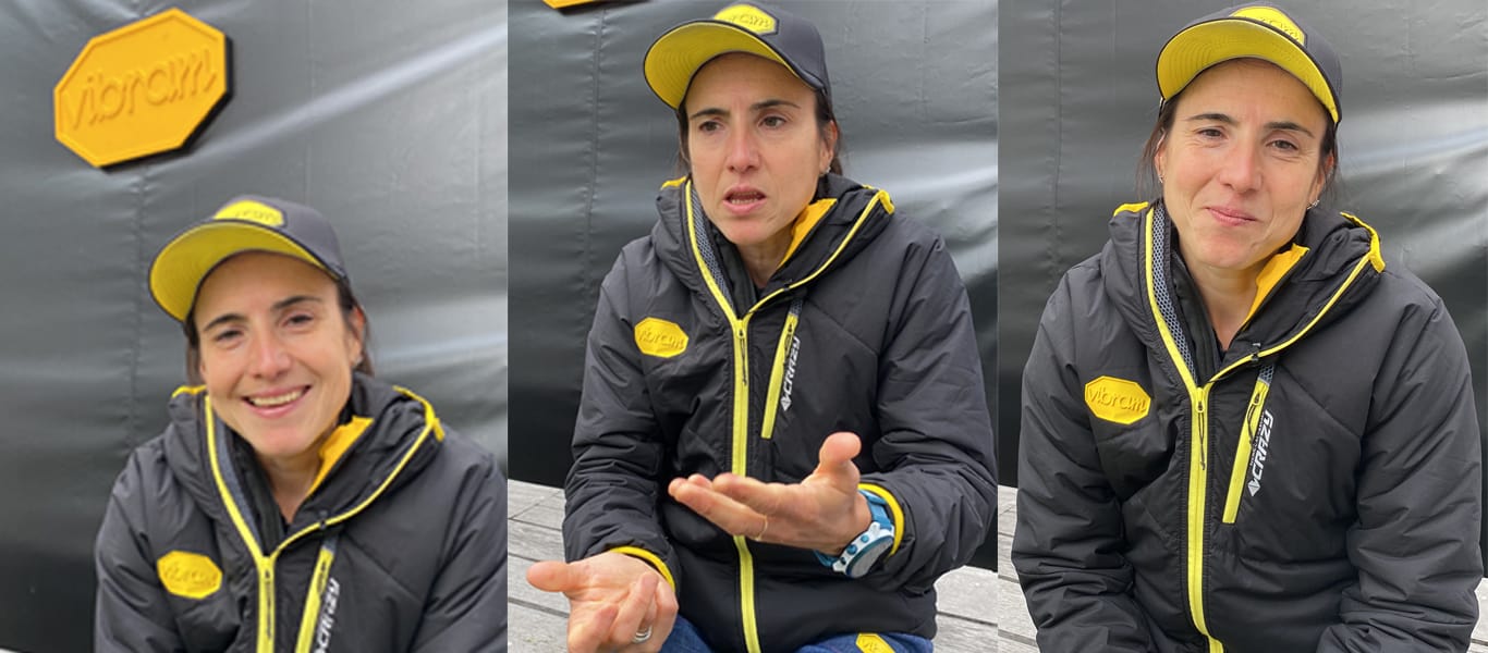 Tre espressioni di Maite Maiora durante l'intervista a Chamonix.