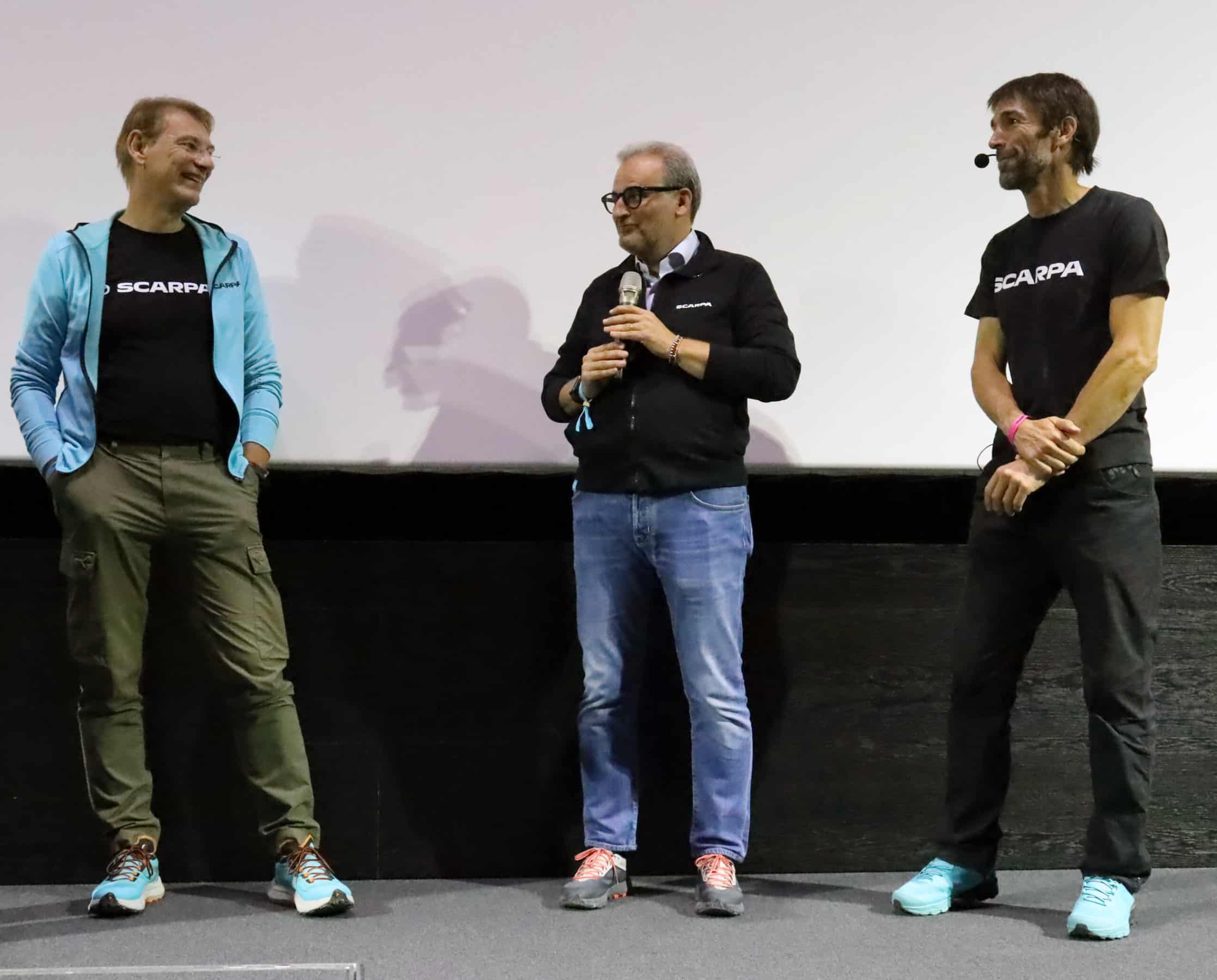 Da sinistra. Diego Bolzonello (Ceo Scarpa), Sandro Parisotto (Presidente Scarpa) e Hervé Barmasse.