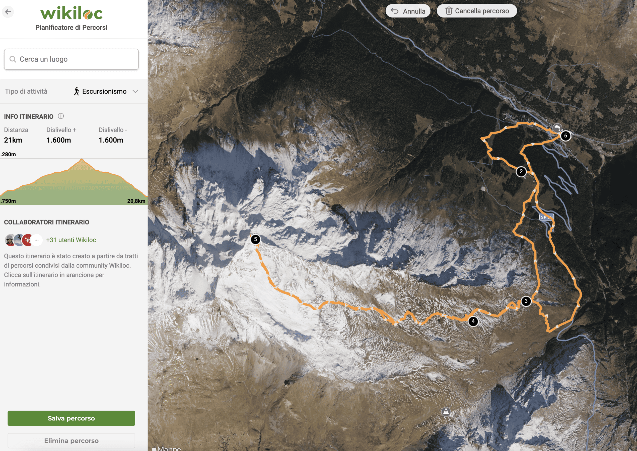 Percorso pianificato con il Route Planner.