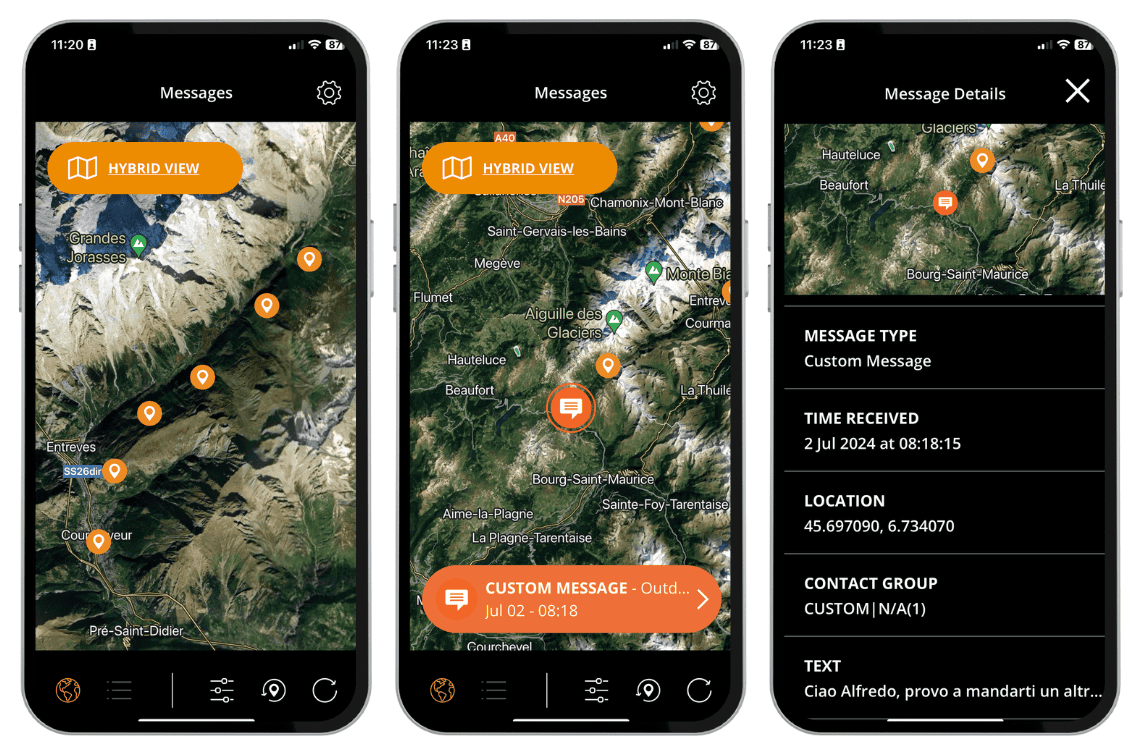 Nella prima schermata il percorso monitorato con la app; in mezzo l'avviso di un messaggio; a destra le caratteristiche e il testo del messaggio.